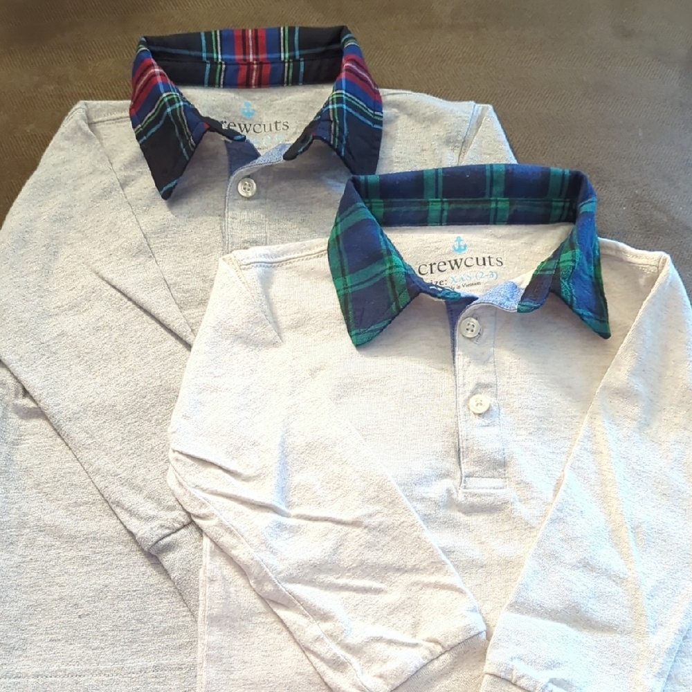 Two J. Crew Crewcuts Kids Heather Gray And Heather Cream Long Sleeve Polo Shirts